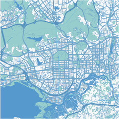 Map of Shenzhen in China in blue. Contains layered vector with roads water, parks, etc.