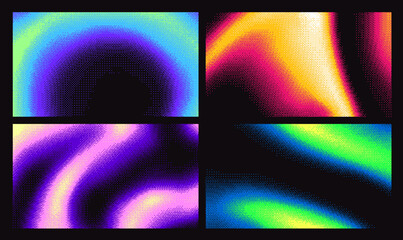 Retro futuristic neon gradient bitmap backgrounds with dithering effect, abstract pixel art holographic gradient texture. Digital pixelated wallpaper overlay, halftone dither vector background set