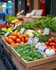 Fresh and vibrant vegetables neatly arranged in a market display, showcasing nature's bounty in an urban setting.
