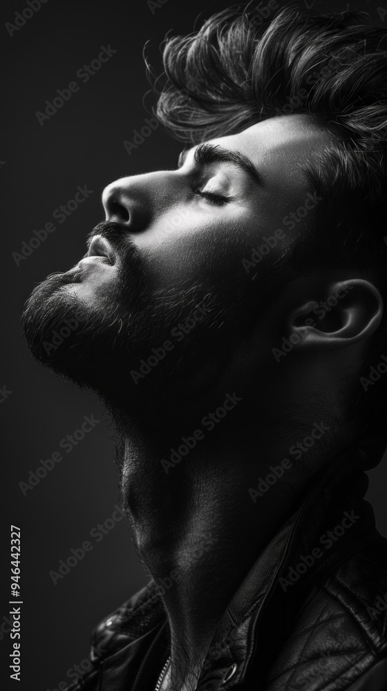 Poster a man with a beard and a black jacket is looking at the camera