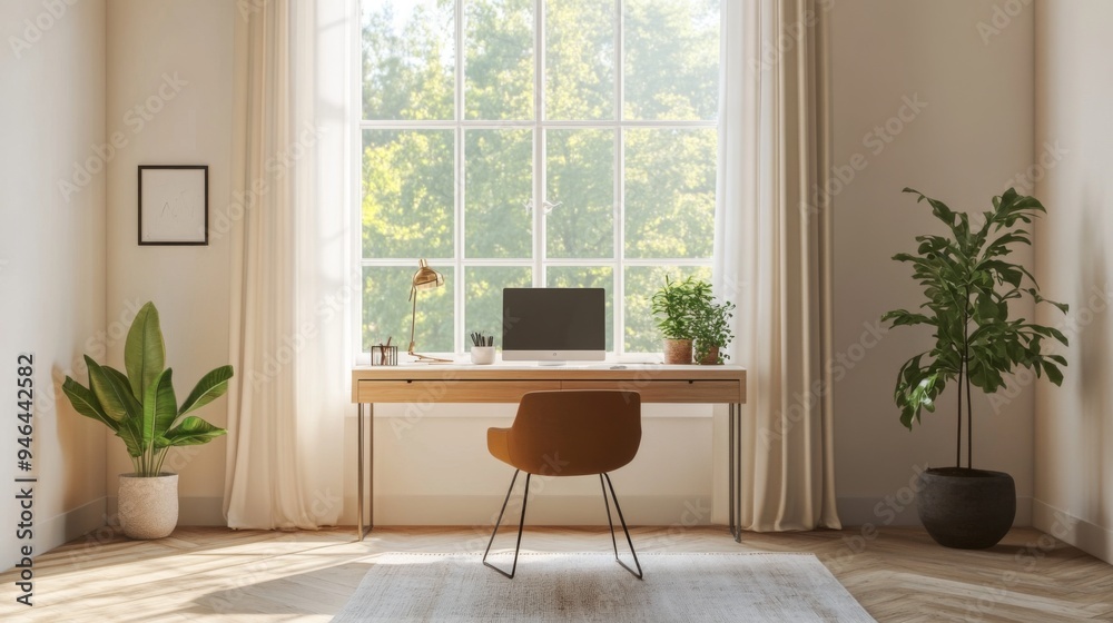 Poster a minimalist home office with a simple desk, a comfortable chair, and a large window allowing ample 