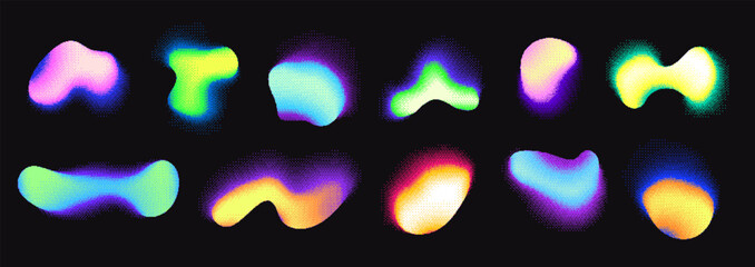 Abstract neon gradient bitmap shapes, holographic blurred fluid forms with dithering effect. Various pixelated silhouette forms on black background, vibrant grunge pixel art graphic element vector set