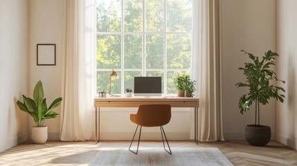 A minimalist home office with a simple desk, a comfortable chair, and a large window allowing ample natural light, showcasing an uncluttered and serene workspace.