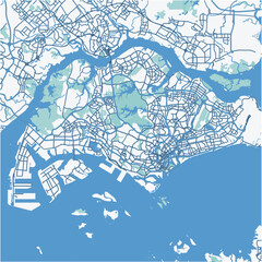 Map of Singapore in Singapore in blue. Contains layered vector with roads water, parks, etc.