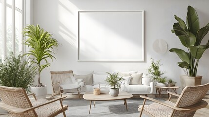 Serene 3D Rendered Farmhouse Living Room with Minimalist White Mockup Picture Frame and Potted Greenery Mid Century Modern Furniture in Airy Light Filled Space