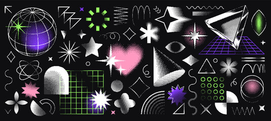 Retro futuristic bitmap geometric shapes, abstract y2k aesthetic element with pixel dithering effect. Pixelated halftone brutalism forms, stars and lines, trendy dither graphic elements vector set