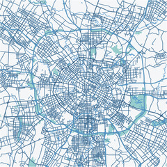 Map of Chengdu in China in blue. Contains layered vector with roads water, parks, etc.