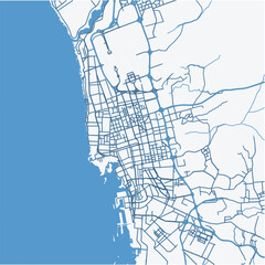 Map of Jeddah in Saudi Arabia in blue. Contains layered vector with roads water, parks, etc.