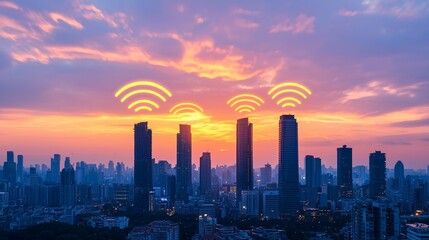 Fototapeta premium Cityscape with Wi-Fi Signal at Sunset.