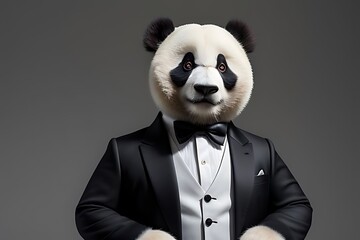High-fashion panda in tailored Italian suit with stylish tie, showcasing luxury