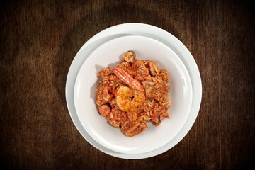 Risotto with Marinara on the plate seen from above