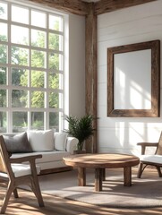 Fototapeta premium Serene and Inviting Rustic Farmhouse Living Room Interior with Vintage Wooden Framed Mockup Abundant Natural Light Streaming Through Large Windows and a Cozy Welcoming Atmosphere