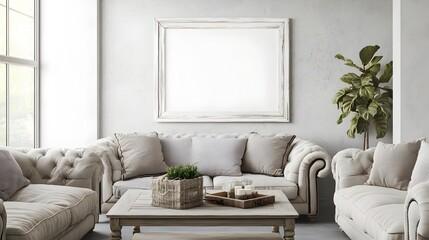 Serene Farmhouse Living Room Mockup with Whitewashed Frame Overstuffed Couches and Farmhouse Inspired Coffee Table in Muted Neutral Tones