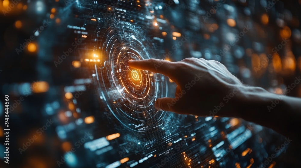 Poster a user interacts with a holographic display, navigating communication metrics through innovative tec