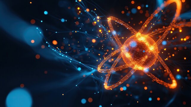 An abstract representation of an atom with glowing particles showcasing energy and scientific innovation.
