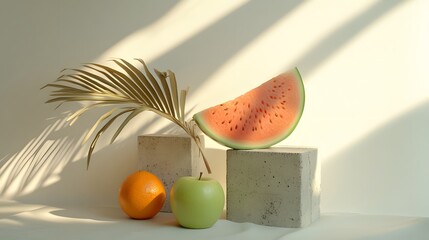 Minimal still life with bricks, palm leaves, and fruits in shades of green, orange, and yellow on a white background, with sun rays, watermelon, melon, and a coconut shell on a concrete floor. 