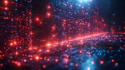 A vibrant holographic display showcases dynamic data transfers in a digital environment, emphasizing the flow of information through glowing particles.