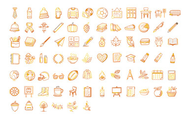 Large collection of autumn and school-themed icons, orange and yellow design