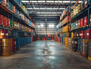 Massive Industrial Warehouse with Stacked Oil Barrels Showcasing Energy Storage Scale