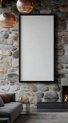 Sleek Black Steel Frame Mockup in Farmhouse Living Room Interior with Stone Fireplace Modern Pendant Lighting and Minimalist Decor  3D Rendered
