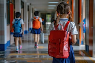 Girl in pigtails, carrying red bookbag, walks in school hallway, another student ahead in blue and orange