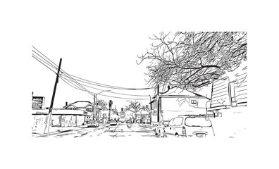 Print Building view with landmark of Stockton is the city in California. hand drawn sketch illustration in vector.