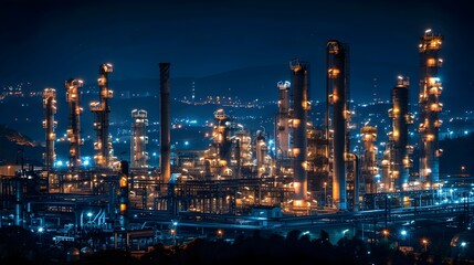 Fototapeta premium Illuminated Oil Refinery Complex at Nighttime with Towering Structures and Glowing Machinery