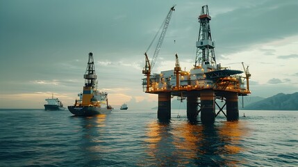 Obraz premium Offshore Oil Platform with Helicopters and Ships Demonstrating Logistics of Oil Extraction
