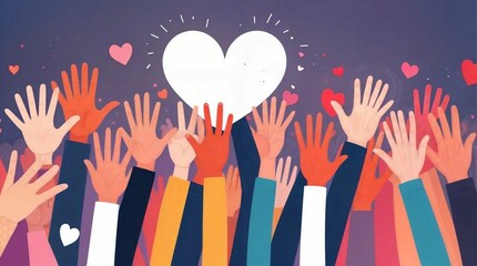 Charity illustration concept with raised hands and hearts. Community compassion, love, and support towards those in need.