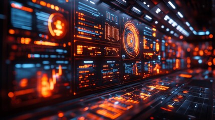 Holographic screens showcase various economic concepts through vibrant visuals and interactive elements in a high-tech setting.