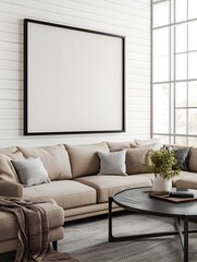 Sophisticated Farmhouse Style Mockup Frame in Cozy Living Room Interior with Minimal Black Metal Frame Shiplap Walls Comfy Sectional and Mid Century Modern Coffee Table
