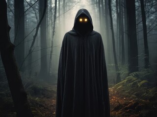 "Eerie Hooded Specter in Forest"
"Glowing Eyes in the Shadows"
"Mysterious Hooded Phantom"
"Textured Forest Specter"
"Spooky Glowing Eyes in Darkness"