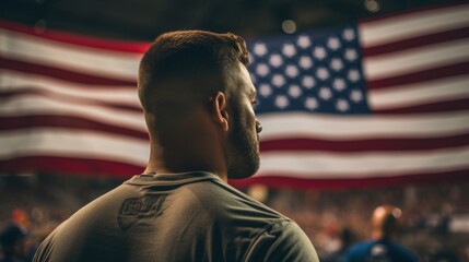 Male athlete proudly displays american flag on stadium field during sports event celebration