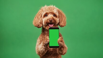 Happy dog holding a smartphone with a green screen on a green background. Mockup