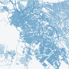 Map of Ciudad Juarez in Mexico in blue. Contains layered vector with roads water, parks, etc.