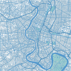 Map of Bangkok in Thailand in blue. Contains layered vector with roads water, parks, etc.