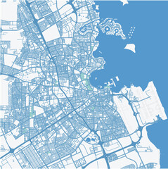 Map of Doha in Qatar in blue. Contains layered vector with roads water, parks, etc.
