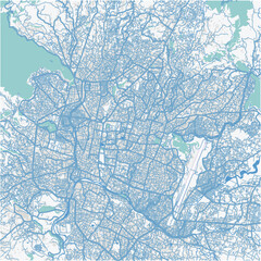 Map of Kathmandu in Nepal in blue. Contains layered vector with roads water, parks, etc.