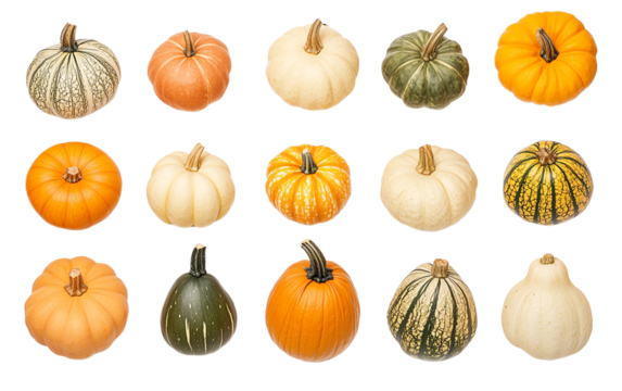 A colorful assortment of pumpkins showcasing various shapes and sizes, perfect for autumn decor and seasonal celebration.