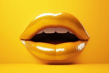 The vibrant yellow lips, glossy and well-defined, are set against a matching background, emphasizing a bold and artistic makeup trend. The visual creates a playful yet striking aesthetic.