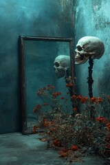 A haunting still life of a skull beside a vintage mirror in a dimly lit, atmospheric setting.