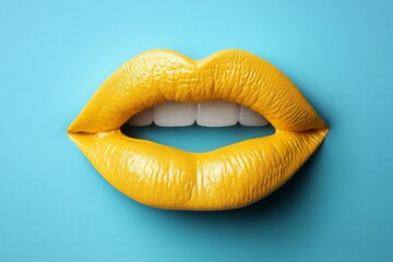 A striking display of vividly painted yellow lips sits centered on a light blue backdrop, showcasing creative makeup artistry with an eye-catching aesthetic.