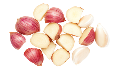 A vibrant assortment of garlic and shallot cloves displayed on a white background, ideal for culinary and health-themed projects.