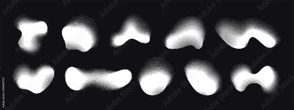 Fototapete abstract blurred bitmap shapes, white fluid forms with dithering effect. various pixelated silhouett