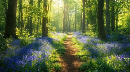 Obraz premium Sunlit Path Through a Bluebell Forest