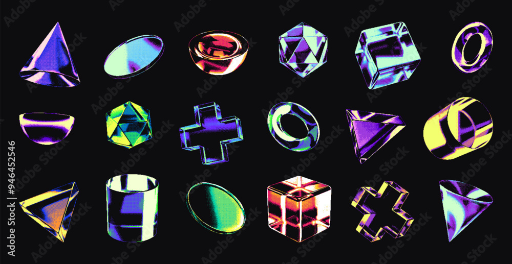 Leinwandbilder neon gradient bitmap geometric 3d shapes, retro futuristic pixelated forms. transparent color glass 