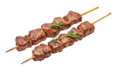 Delicious grilled meat skewers garnished with fresh herbs, perfect for barbecues and gourmet presentations.