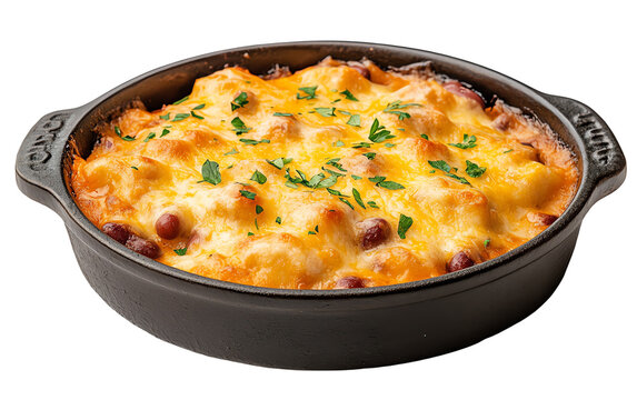 Delicious cheesy casserole topped with herbs, served in a black dish. Perfect for family meals and gatherings.