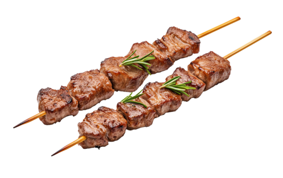 Delicious grilled meat skewers garnished with fresh herbs, perfect for barbecues and gourmet presentations.
