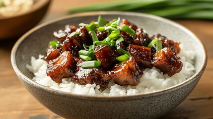 A bowl of steamed rice topped with Chinese braised pork belly, simmered in soy sauce and spices, garnished with fresh green onions
